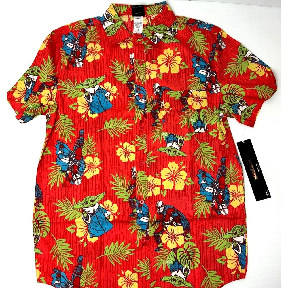 STAR WARS Mandalorian Hawaiian Shirt Men's S Red Green Grogu Baby Yoda Button-up